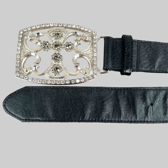 Bebe Cross Buckle Black Leather Belt Rhinestone Studded Women's Size S/M - Picture 2 of 14
